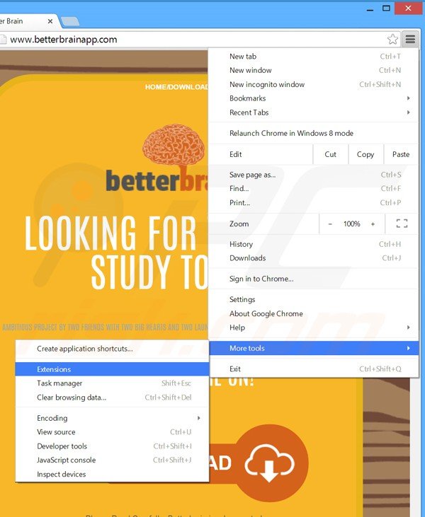 Verwijder de BetterBrain advertenties uit Google Chrome stap 1