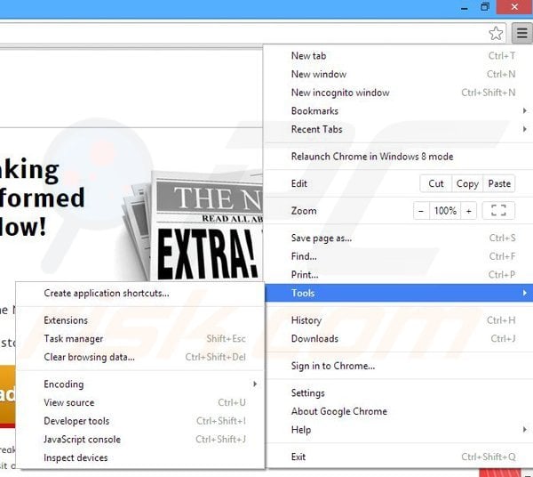 Verwijder de Breaking News Alert advertenties uit Google Chrome stap 1