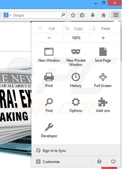 Verwijder de Breaking News Alert advertenties uit Mozilla Firefox stap 1