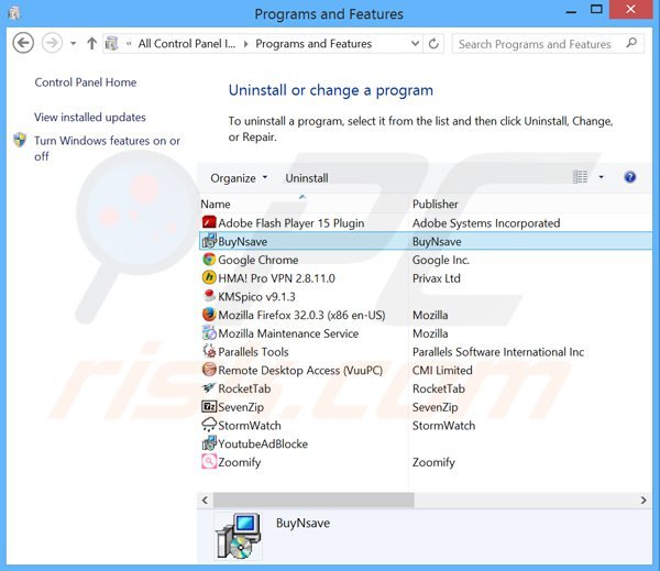 buynsave adware verwijdering via het Controle Paneel