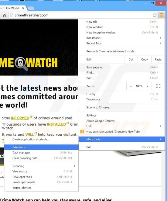 Verwijder de Crime Watch advertenties uit Google Chrome stap 1