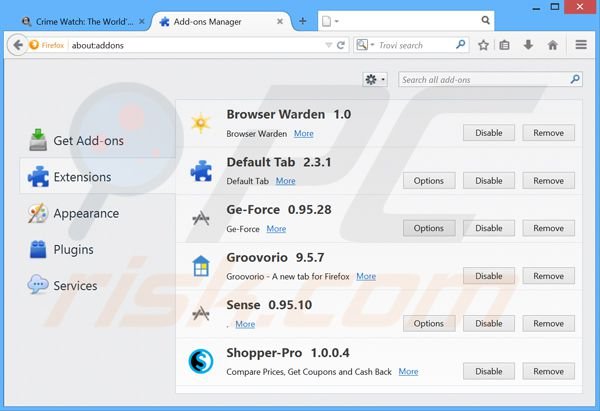 Verwijder de Crime Watch advertenties uit Mozilla Firefox stap 2