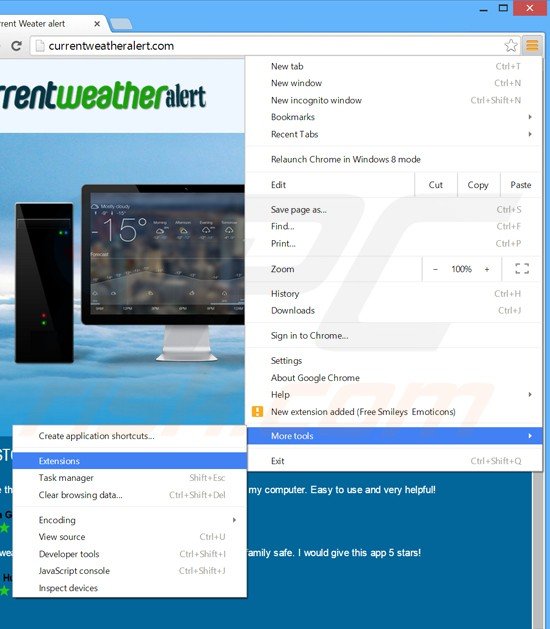 Verwijder de currentweatheralert advertenties uit Google Chrome stap 1