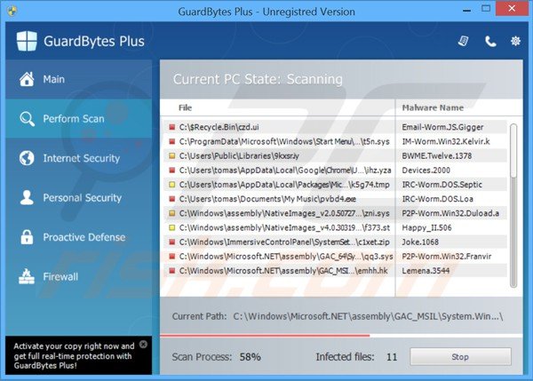 GuardBytes Plus frauduleuze antivirus voert een valse computerbeveiligingsscan uit