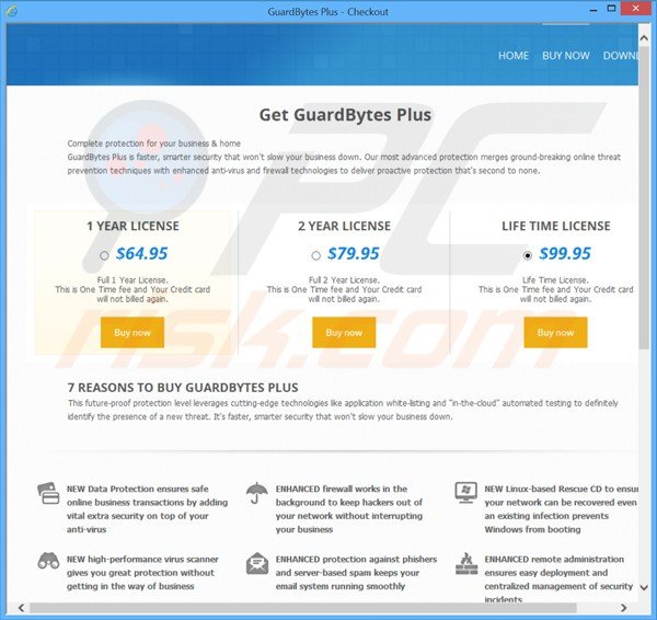 Frauduleuze website gebruikt voor de verspreiding van guardbytes plus valse antivirus licentiesleutels
