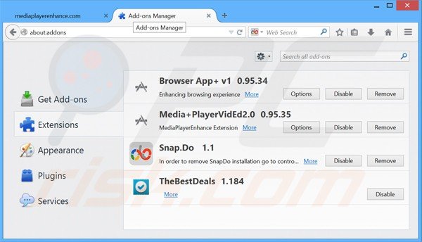 Verwijder de media player enhance advertenties uit Mozilla Firefox stap 2