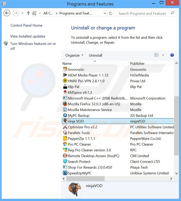 ninjavod adware verwijdering via het Controle Paneel