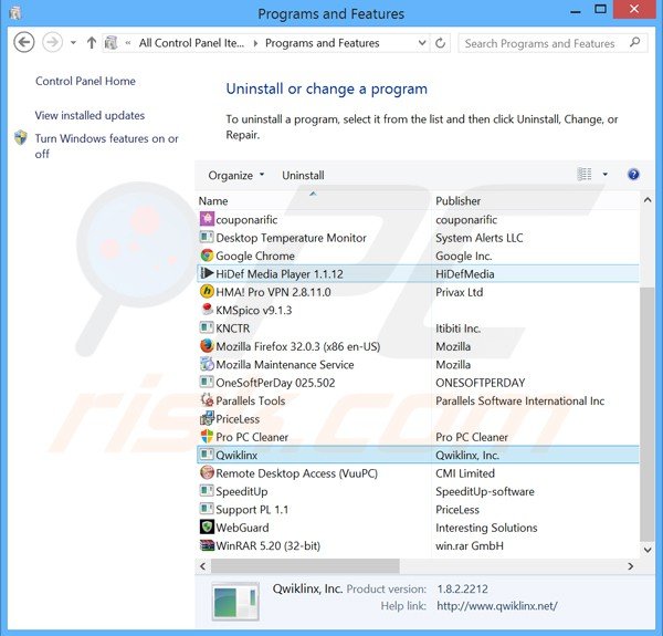 qwiklinx adware verwijdering via het Controle Paneel