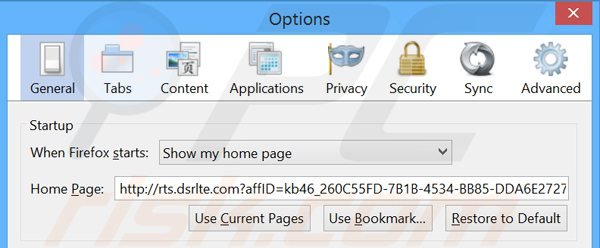 Verwijder rts.dsrlte.com als startpagina in Mozilla Firefox