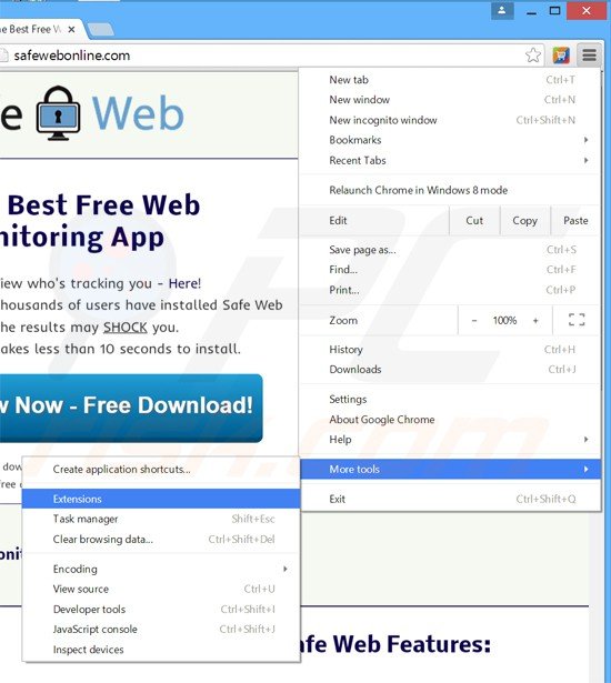 Verwijder de Safe Web advertenties uit Google Chrome stap 1