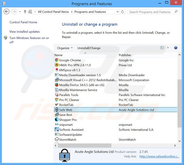 Safe Web adware verwijdering via Controle Paneel