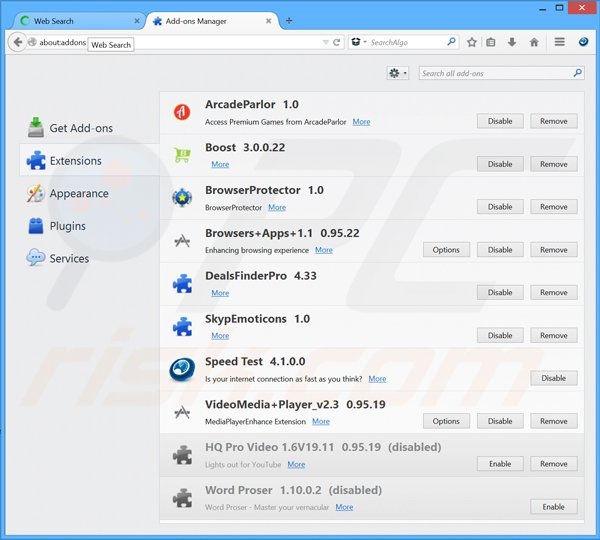 Verwijder Searchalgo.com gerelateerde Mozilla Firefox extensies