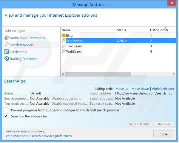 Verwijder Searchalgo.com als standaard zoekmachine in Internet Explorer 