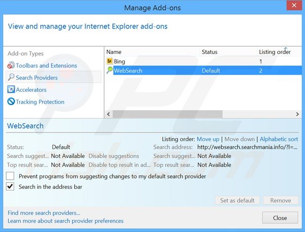 Verwijder websearch.searchmania.info als standaard zoekmachine in Internet Explorer