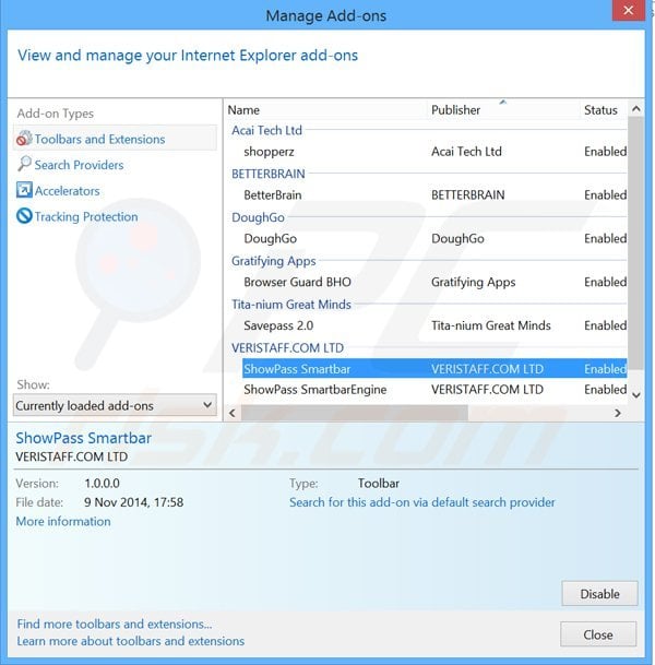 Verwijder de aan showpass smartbar gerelateerde Internet Explorer extensies