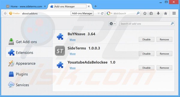 Verwijder de sideterms ads uit Mozilla Firefox stap 2