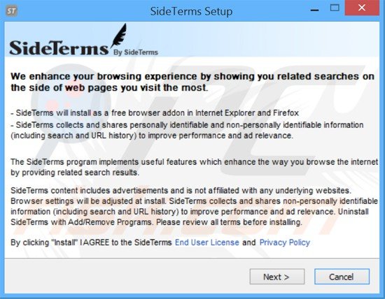 sideterms adware installer instellingen