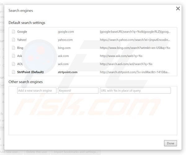 Verwijder search.strtpoint.com als standaard zoekmachine in Google Chrome 