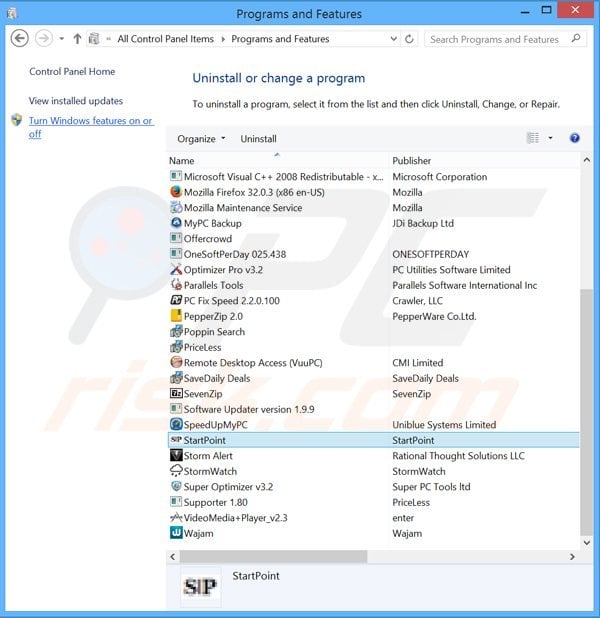 search.strtpoint.com browser hijacker verwijdering via het Controle Paneel