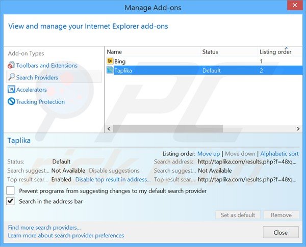 Verwijder taplika.com als standaard zoekmachine in Internet Explorer
