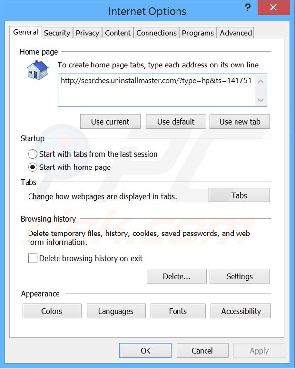 Verwijder Uninstall Master als startpagina in Internet Explorer