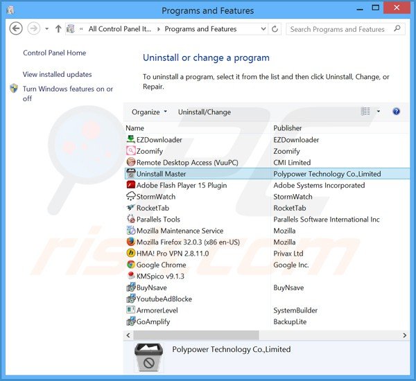 Uninstall Master browser hijacker verwijdering via het Controle Paneel