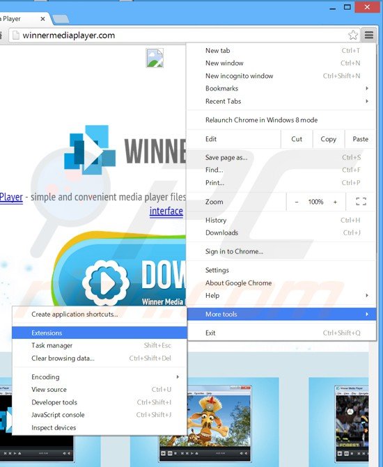 Verwijder de Winner Media Player advertenties uit Google Chrome stap 1