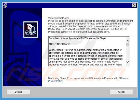 Misleidende installer gebruikt voor de Winner Media Player verspreiding