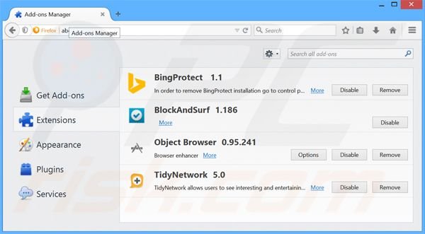 Verwijder aan BingProtect gerelateerde Mozilla Firefox extensies