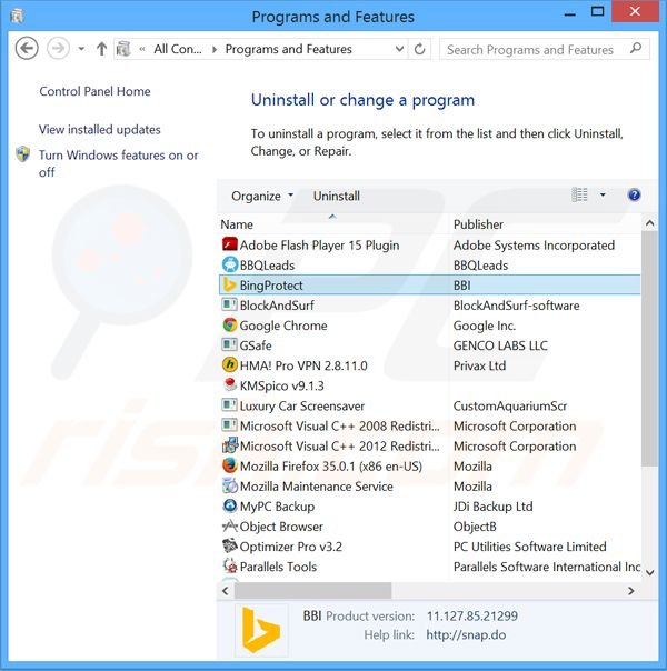 BingProtect browser hijacker verwijdering via het Controle Paneel