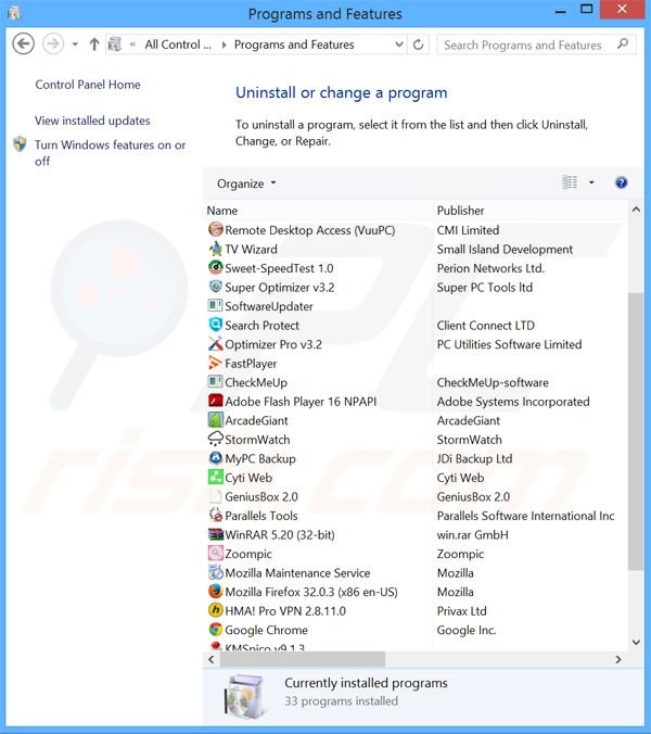 Browser Extension adware verwijdering via het Controle Paneel