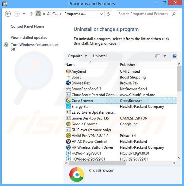 CrossBrowser adware verwijdering via het Controle Paneel
