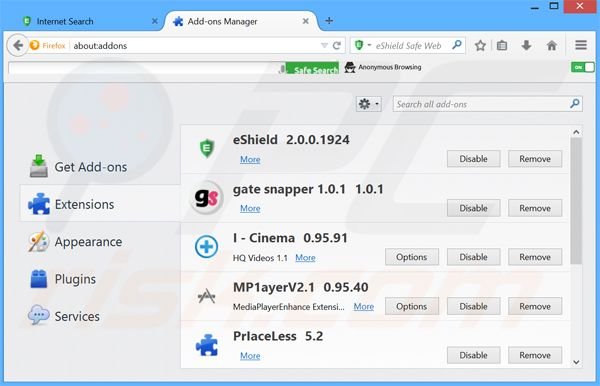 Verwijder aan search.eshield.com gerelateerde Mozilla Firefox extensies