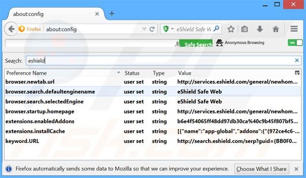Verwijder search.eshield.com als standaard zoekmachine in Mozilla Firefox 
