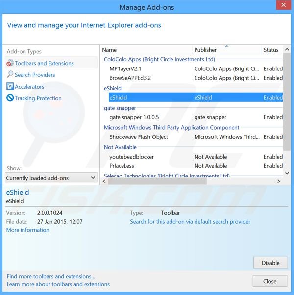 Verwijder aan search.eshield.com gerelateerde Internet Explorer extensies