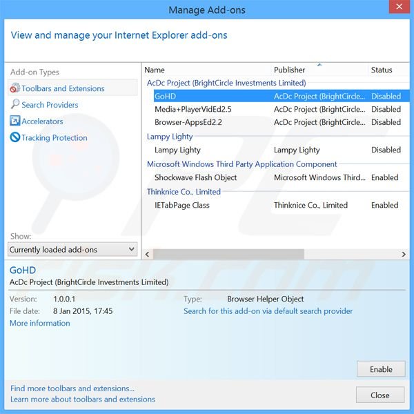 Verwijder de GoHD advertenties uit Internet Explorer stap 2