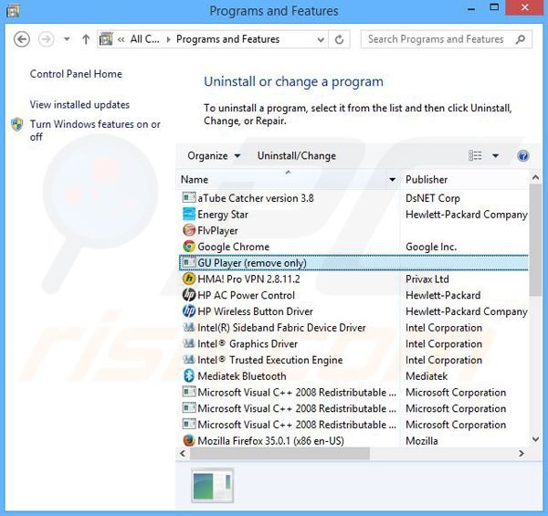 GUPlayer adware deïnstalleren via Controle Paneel