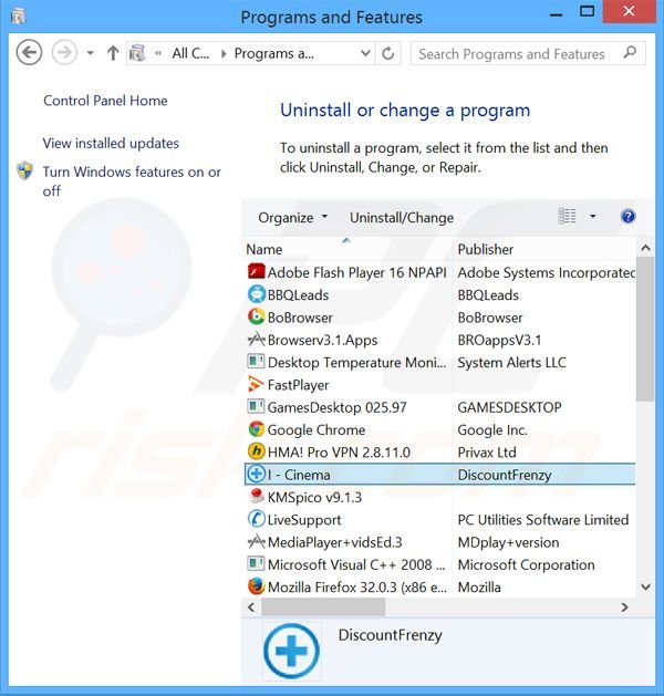 I-Cinema adware verwijdering via het Controle Paneel