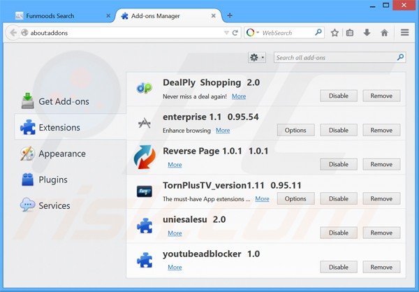 Verwijder aan searchfunmoods.com gerelateerde Mozilla Firefox extensies