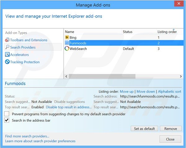 Verwijder searchfunmoods.com als standaard zoekmachine in Internet Explorer