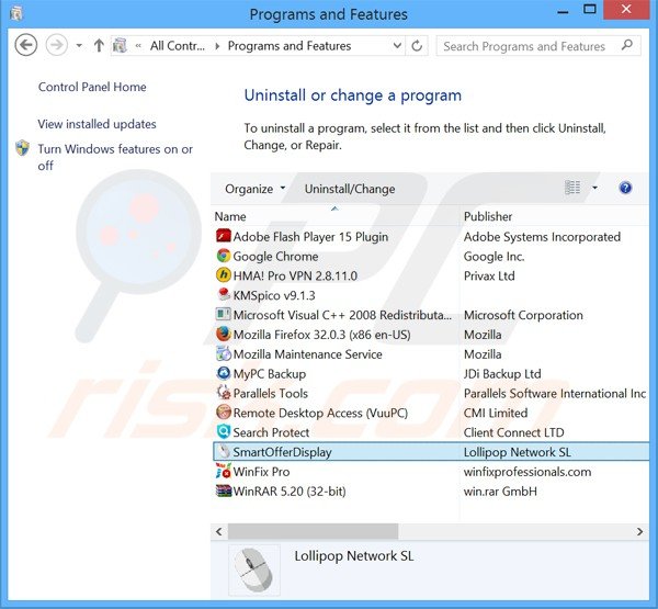 smartofferdisplay adware verwijdering via het Controle Paneel