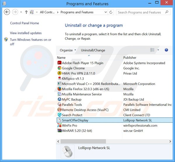 smartofferdisplay adware verwijdering via het Controle Paneel