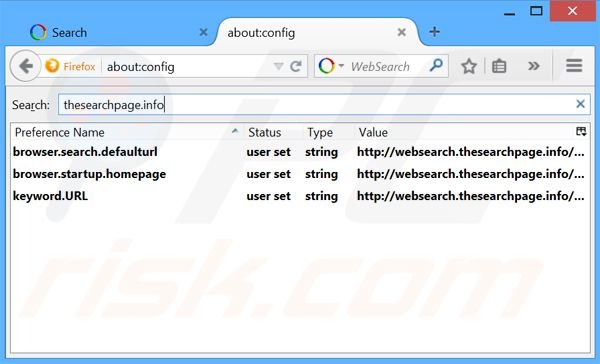 Verwijder websearch.thesearchpage.info als standaard zoekmachine in Mozilla Firefox