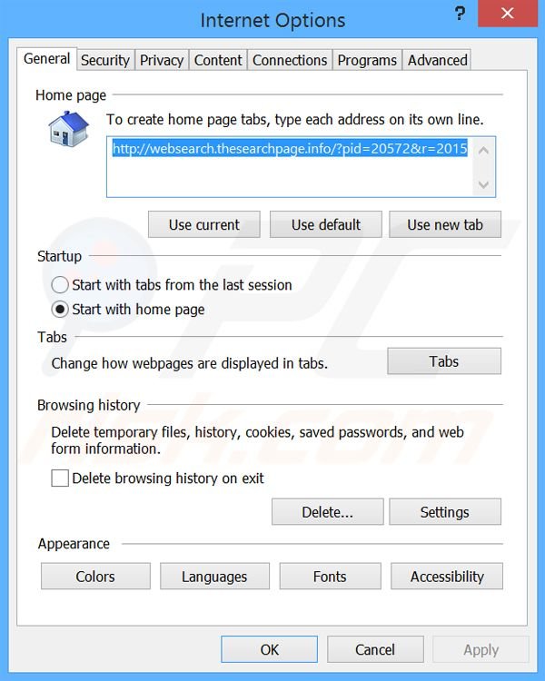Verwijder de websearch.thesearchpage.info uit Internet Explorer als startpagina