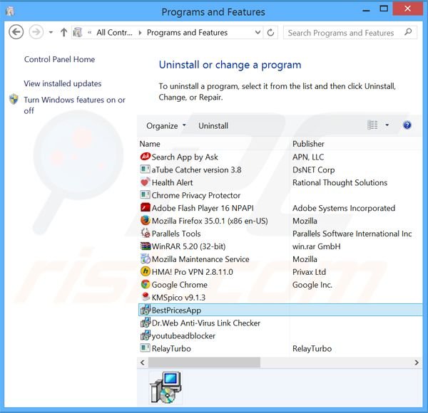BestPricesApp adware verwijdering via het Controle Paneel