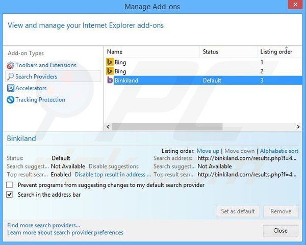 Verwijder binkiland.com als standaard zoekmachine in Internet Explorer