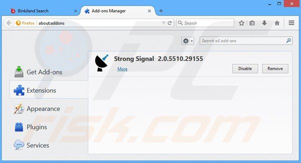 Verwijder binkiland.com uit de Mozilla Firefox extensies