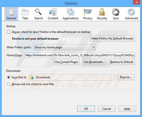 Verwijder binkiland.com als startpagin Mozilla Firefox