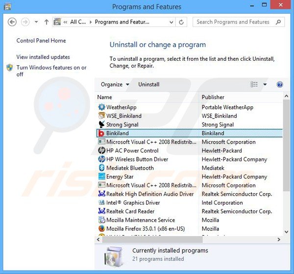 binkiland.com browser hijacker verwijderen via het Controle Paneel