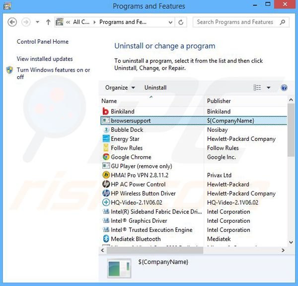 BrowserSupport adware verwijdering via het Controle Paneel